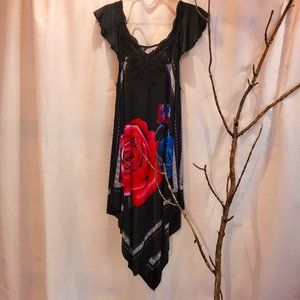Greek Key Black Handkerchief Midi Dress Blue and Red Roses Asymmetrical Size L